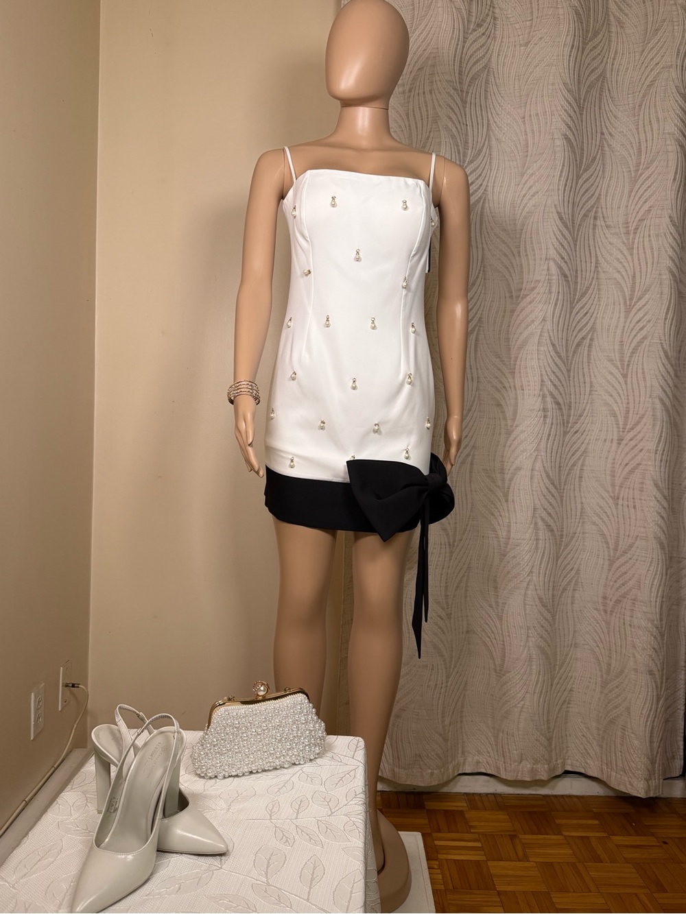 White Embellished Spaghetti Strap Mini Dress with Black Bow